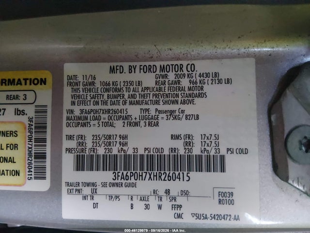 Продажа на аукционе авто 2017 Ford Fusion Se, vin: 3FA6P0H7XHR260415, номер лота: 46129979