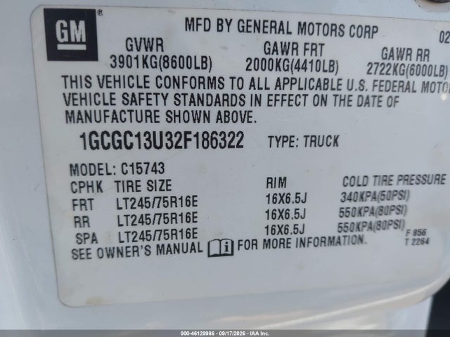 2002 Chevrolet Silverado 1500hd Ls მანქანა იყიდება აუქციონზე, vin: 1GCGC13U32F186322, აუქციონის ნომერი: 46129986