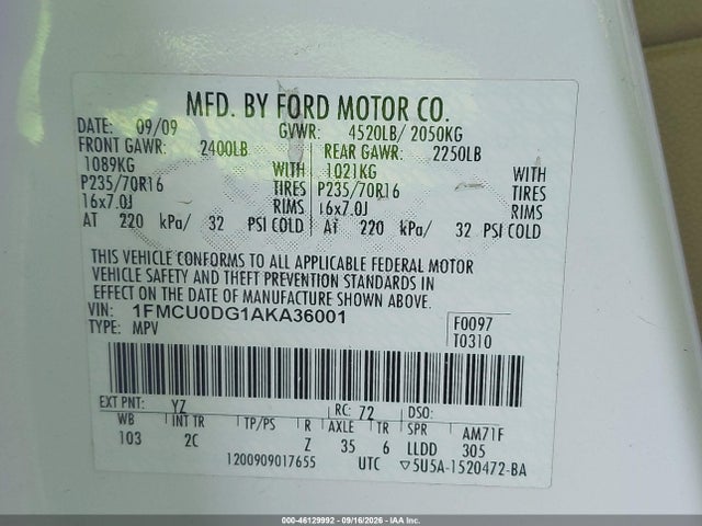 Aukcja sprzedaży 2010 Ford Escape Xlt, vin: 1FMCU0DG1AKA36001, numer aukcji: 46129992