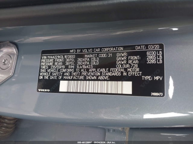 46129997 :رقم المزاد ، YV4A221K0L1613693 vin ، 2020 Volvo Xc90 T6 Momentum 6 Passenger مزاد بيع