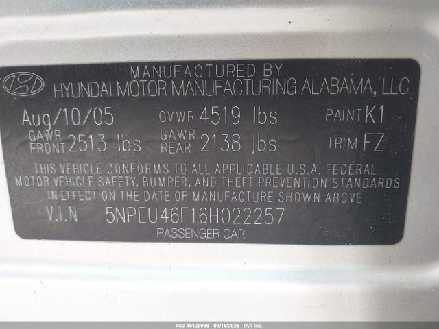 Продажа на аукционе авто 2006 Hyundai Sonata Gls V6/lx V6, vin: 5NPEU46F16H022257, номер лота: 46129999