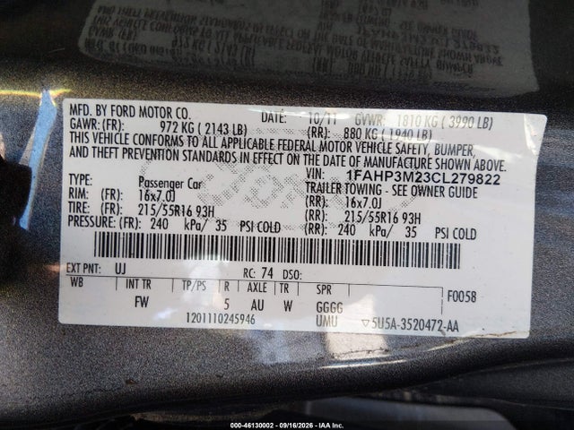 Продаж на аукціоні авто 2012 Ford Focus Sel, vin: 1FAHP3M23CL279822, номер лоту: 46130002