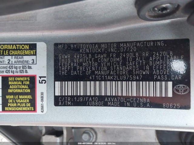 46130008 :رقم المزاد ، 4T1C11AK2LU975947 vin ، 2020 Toyota Camry Le مزاد بيع