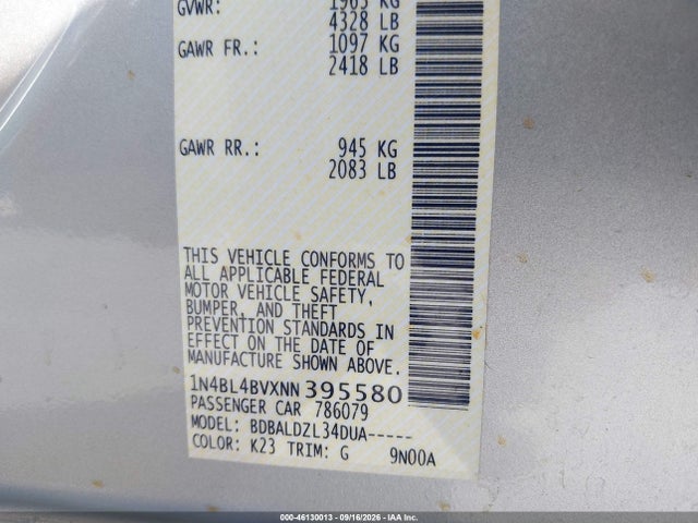 46130013 :رقم المزاد ، 1N4BL4BVXNN395580 vin ، 2022 Nissan Altima S Fwd مزاد بيع