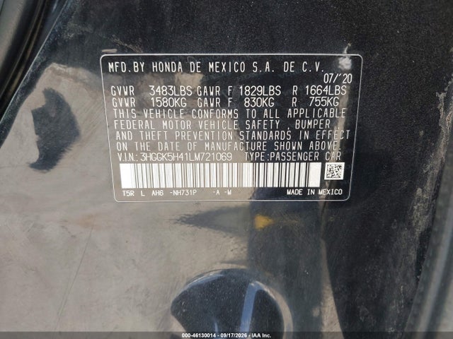 2020 Honda Fit Lx მანქანა იყიდება აუქციონზე, vin: 3HGGK5H41LM721069, აუქციონის ნომერი: 46130014