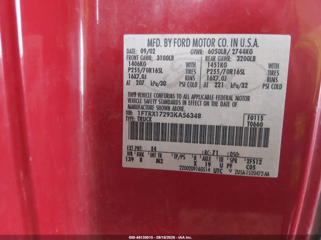Aukcja sprzedaży 2003 Ford F-150 Xl/xlt, vin: 1FTRX17293KA56348, numer aukcji: 46130015
