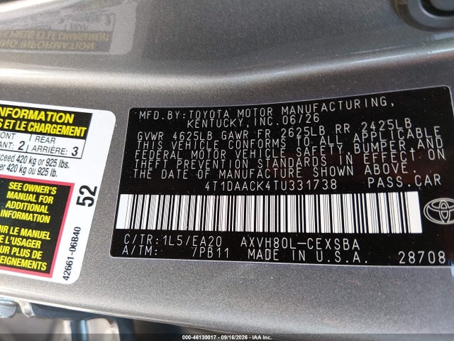 Aukcja sprzedaży 2026 Toyota Camry Se, vin: 4T1DAACK4TU331738, numer aukcji: 46130017