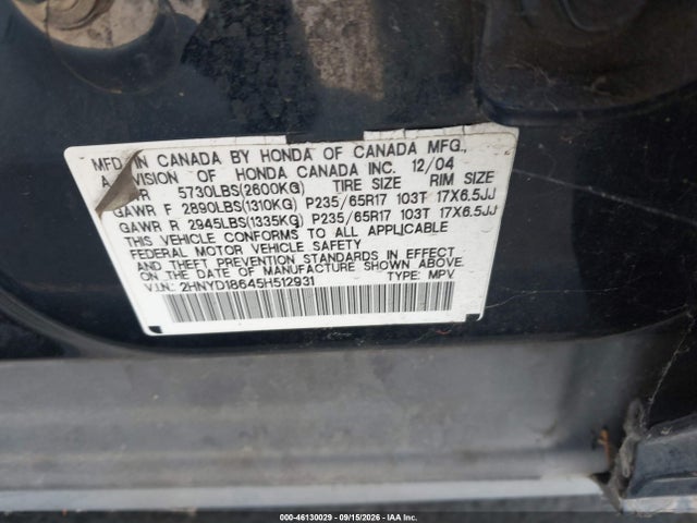 Aukcja sprzedaży 2005 Acura Mdx, vin: 2HNYD18645H512931, numer aukcji: 46130029
