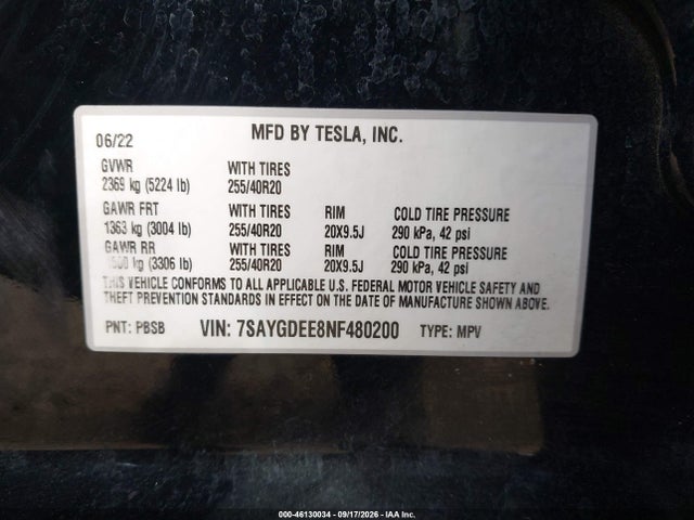 46130034 :رقم المزاد ، 7SAYGDEE8NF480200 vin ، 2022 Tesla Model Y Long Range Dual Motor All-wheel Drive مزاد بيع