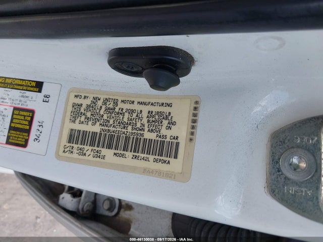 46130038 :رقم المزاد ، 1NXBU4EE0AZ195936 vin ، 2010 Toyota Corolla S/le/xle مزاد بيع