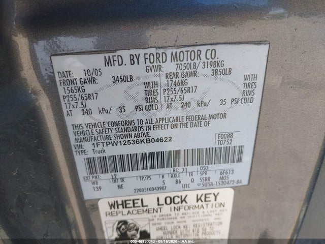 Продажа на аукционе авто 2006 Ford F-150 Lariat/xlt, vin: 1FTPW12536KB04622, номер лота: 46130043