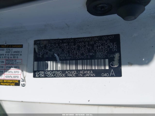 2007 Toyota Camry Le მანქანა იყიდება აუქციონზე, vin: JTNBE46K573099316, აუქციონის ნომერი: 46130055