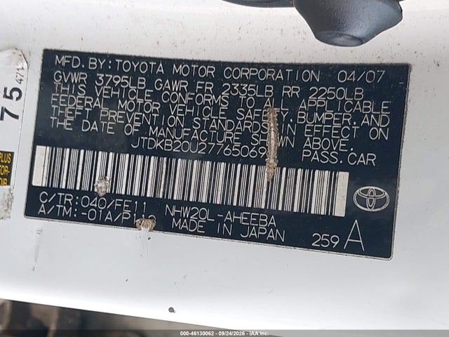 Aukcja sprzedaży 2007 Toyota Prius, vin: JTDKB20U277650693, numer aukcji: 46130062