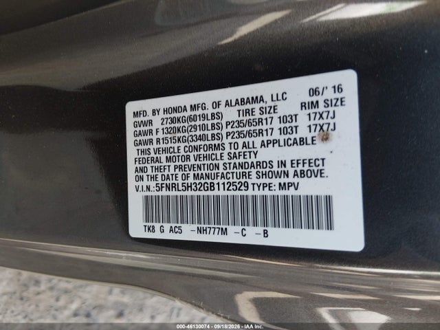 Honda ODYSSEY SE 2016 5FNRL5H32GB112529 Image 9