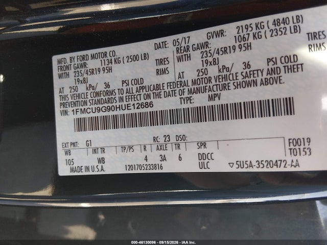 46130096 :رقم المزاد ، 1FMCU9G90HUE12686 vin ، 2017 Ford Escape Se مزاد بيع