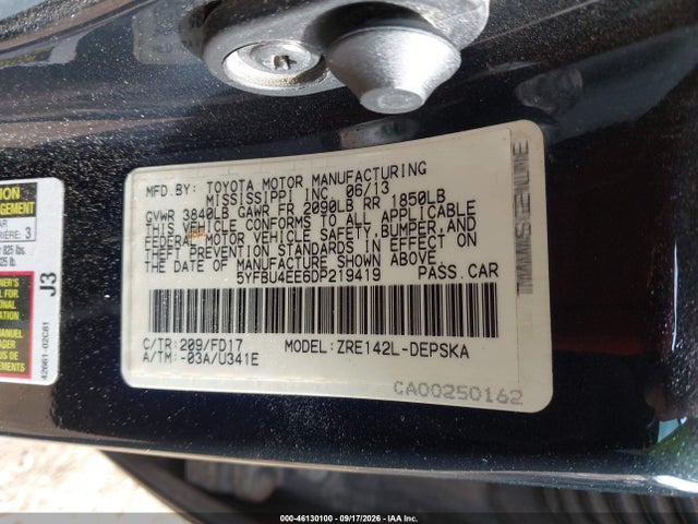 46130100 :رقم المزاد ، 5YFBU4EE6DP219419 vin ، 2013 Toyota Corolla S مزاد بيع