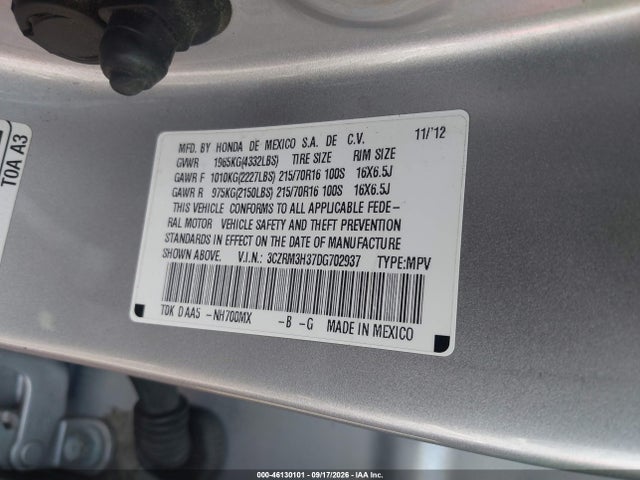 Aukcja sprzedaży 2013 Honda Cr-v Lx, vin: 3CZRM3H37DG702937, numer aukcji: 46130101