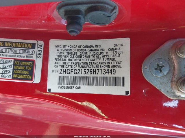 46130105 :رقم المزاد ، 2HGFG21526H713449 vin ، 2006 Honda Civic Si مزاد بيع