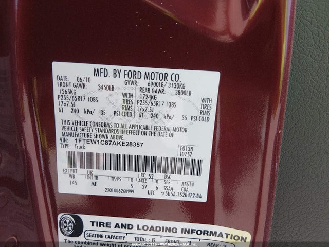 Aukcja sprzedaży 2010 Ford F-150 Fx2 Sport/xl/xlt, vin: 1FTEW1C87AKE28357, numer aukcji: 46130116