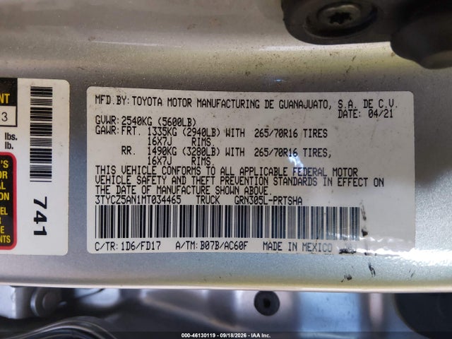 Продажа на аукционе авто 2021 Toyota Tacoma Trd Off-road, vin: 3TYCZ5AN1MT034465, номер лота: 46130119