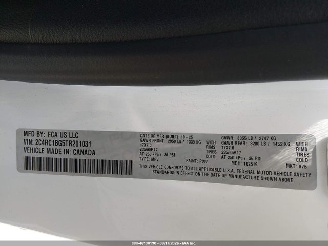 Продажа на аукционе авто 2026 Chrysler Pacifica Select, vin: 2C4RC1BG5TR201031, номер лота: 46130130