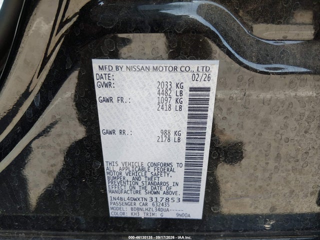 2026 Nissan Altima Sv Awd მანქანა იყიდება აუქციონზე, vin: 1N4BL4DWXTN317853, აუქციონის ნომერი: 46130135