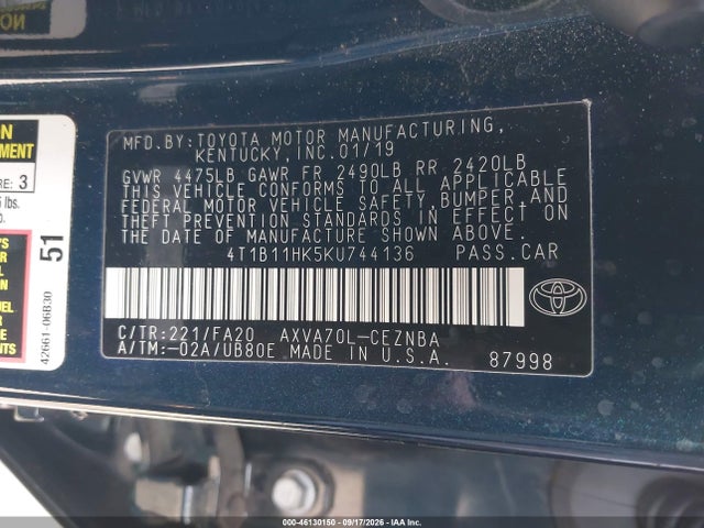Toyota CAMRY LE 2019 4T1B11HK5KU744136 Image 9