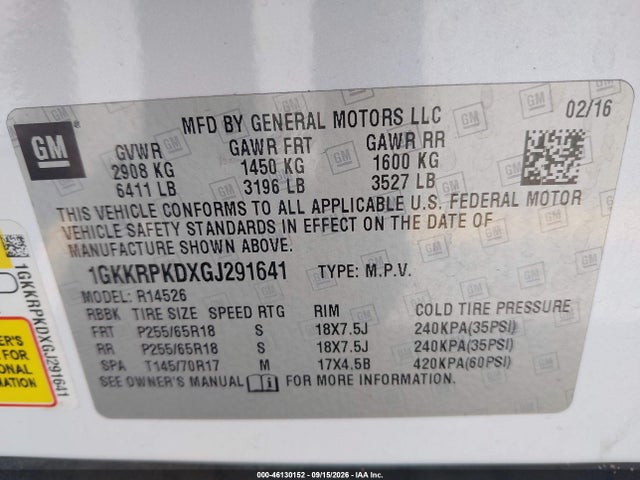 46130152 :رقم المزاد ، 1GKKRPKDXGJ291641 vin ، 2016 Gmc Acadia Sle-2 مزاد بيع