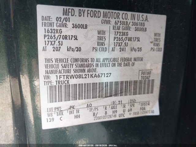 Продаж на аукціоні авто 2001 Ford F-150 King Ranch Edition/lariat/xlt, vin: 1FTRW08L21KA67127, номер лоту: 46130155
