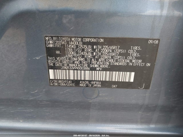 Aukcja sprzedaży 2009 Toyota Rav4, vin: JTMZF33V99D003886, numer aukcji: 46130157
