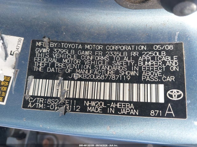Продаж на аукціоні авто 2008 Toyota Prius, vin: JTDKB20U687787119, номер лоту: 46130159