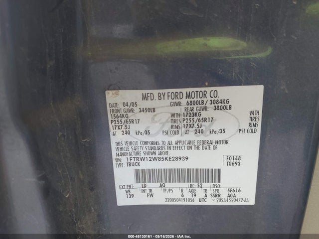 46130161 :رقم المزاد ، 1FTRW12W85KE28939 vin ، 2005 Ford F-150 Xlt مزاد بيع