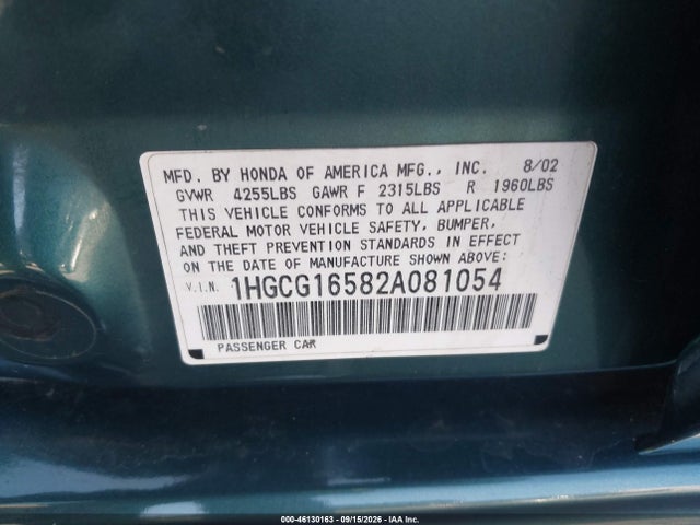 Aukcja sprzedaży 2002 Honda Accord 3.0 Ex, vin: 1HGCG16582A081054, numer aukcji: 46130163