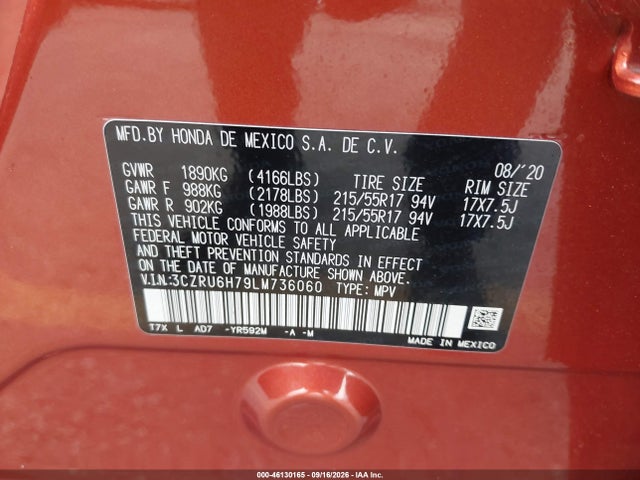 Продажа на аукционе авто 2020 Honda Hr-v Awd Ex-l, vin: 3CZRU6H79LM736060, номер лота: 46130165