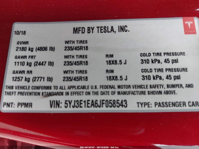 Tesla Model 3 Long Range/mid Range 2018 5YJ3E1EA6JF058543 Image 9