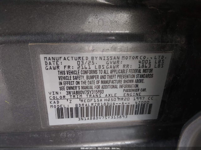 Aukcja sprzedaży 2025 Nissan Sentra Sr, vin: 3N1AB8DV7SY315893, numer aukcji: 46130172