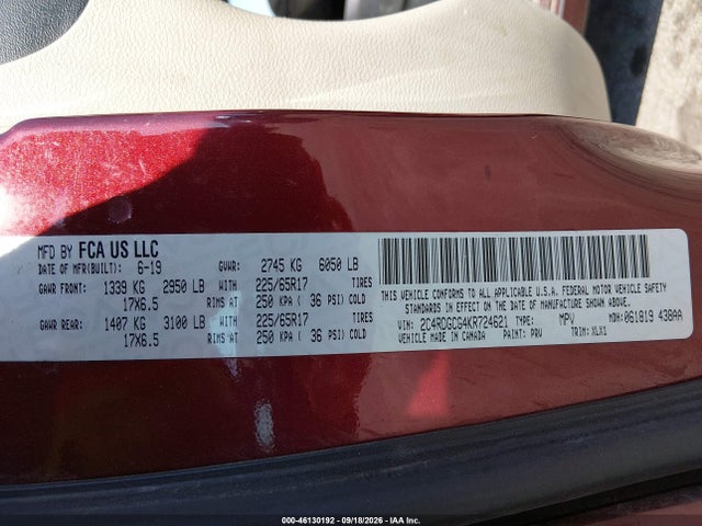 46130192 :رقم المزاد ، 2C4RDGCG4KR724621 vin ، 2019 Dodge Grand Caravan Sxt مزاد بيع
