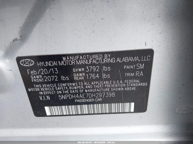 2013 Hyundai Elantra Limited მანქანა იყიდება აუქციონზე, vin: 5NPDH4AE7DH297398, აუქციონის ნომერი: 46130197