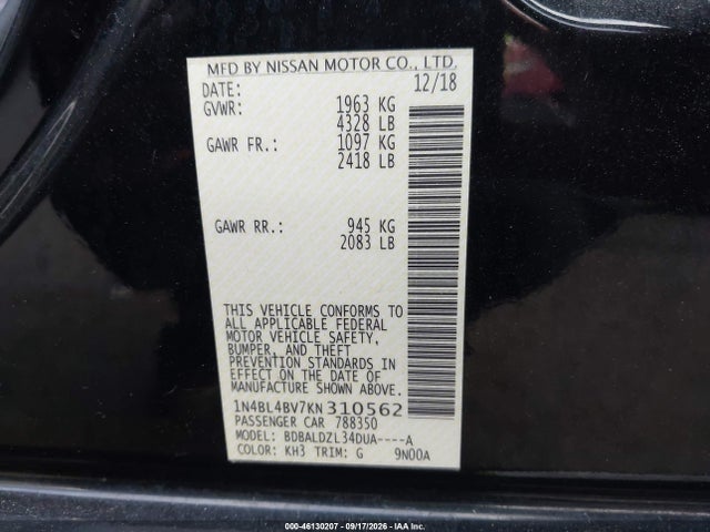 46130207 :رقم المزاد ، 1N4BL4BV7KN310562 vin ، 2019 Nissan Altima 2.5 S مزاد بيع
