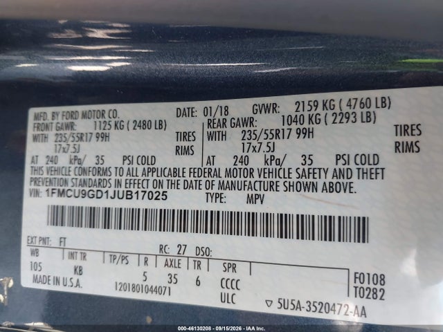 Продажа на аукционе авто 2018 Ford Escape Se, vin: 1FMCU9GD1JUB17025, номер лота: 46130208