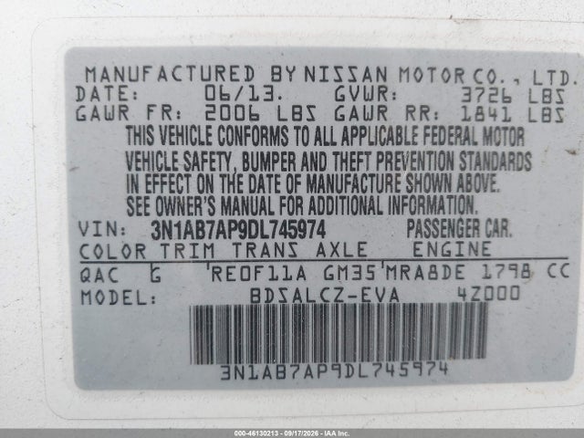46130213 :رقم المزاد ، 3N1AB7AP9DL745974 vin ، 2013 Nissan Sentra S مزاد بيع