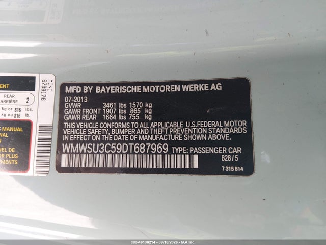 2013 Mini Hardtop Cooper მანქანა იყიდება აუქციონზე, vin: WMWSU3C59DT687969, აუქციონის ნომერი: 46130214