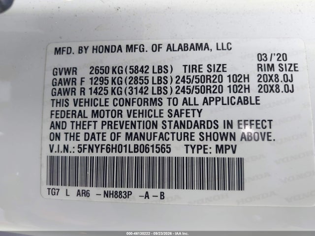 Aukcja sprzedaży 2020 Honda Pilot Awd Elite, vin: 5FNYF6H01LB061565, numer aukcji: 46130222