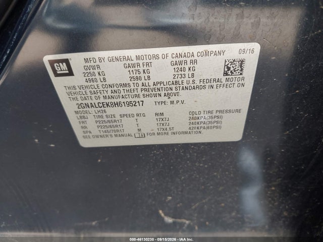 Aukcja sprzedaży 2017 Chevrolet Equinox Lt, vin: 2GNALCEK8H6195217, numer aukcji: 46130230