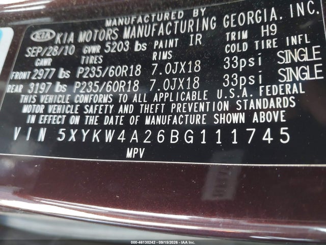 Продаж на аукціоні авто 2011 Kia Sorento Sx V6, vin: 5XYKW4A26BG111745, номер лоту: 46130242