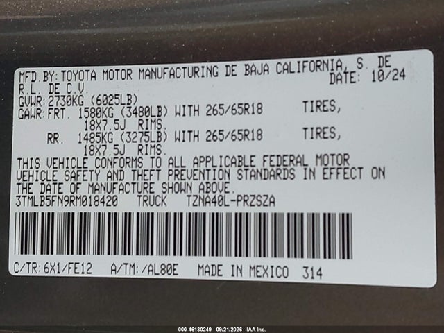 Продаж на аукціоні авто 2024 Toyota Tacoma Trd Sport, vin: 3TMLB5FN9RM018420, номер лоту: 46130249