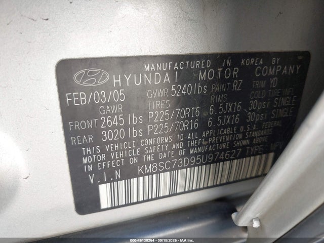 Продажа на аукционе авто 2005 Hyundai Santa Fe Gls, vin: KM8SC73D95U974627, номер лота: 46130264