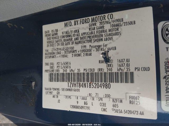 46130269 :رقم المزاد ، 1ZVHT84N185204980 vin ، 2008 Ford Mustang V6 Deluxe/v6 Premium مزاد بيع