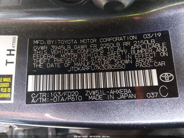 Auction sale of the 2019 Toyota Prius Le, vin: JTDKARFU7K3080550, lot number: 46130283