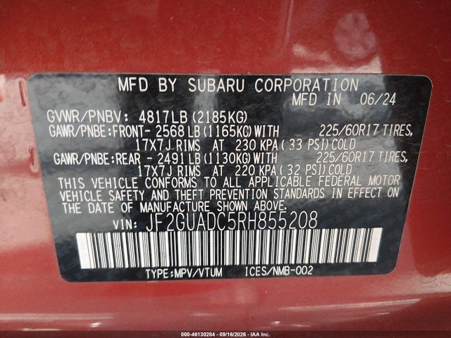Продаж на аукціоні авто 2024 Subaru Crosstrek Premium, vin: JF2GUADC5RH855208, номер лоту: 46130284